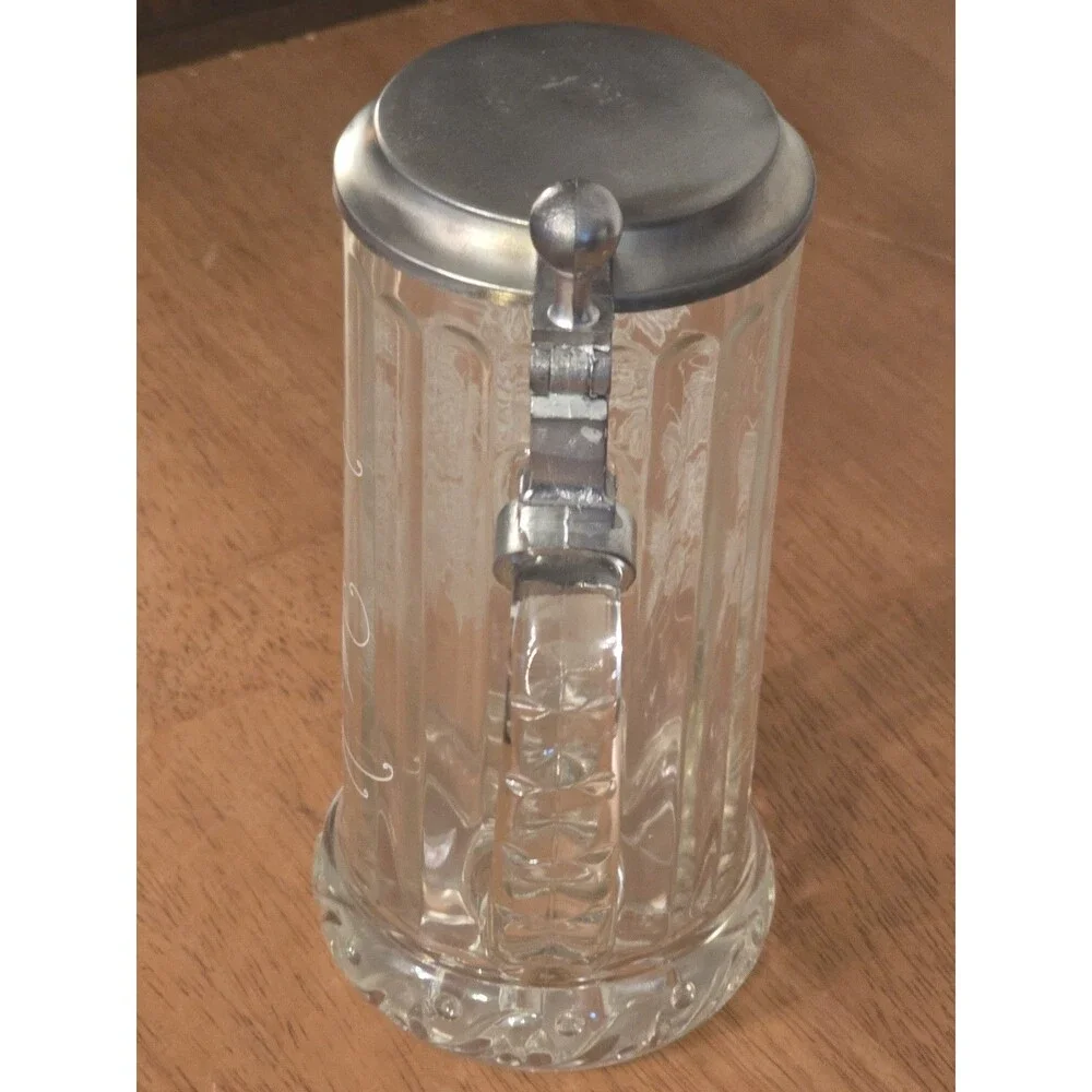 Vintage Rastal West Germany Cut Glass Beer Stein Pewter Lid Etched Hops Wheat...